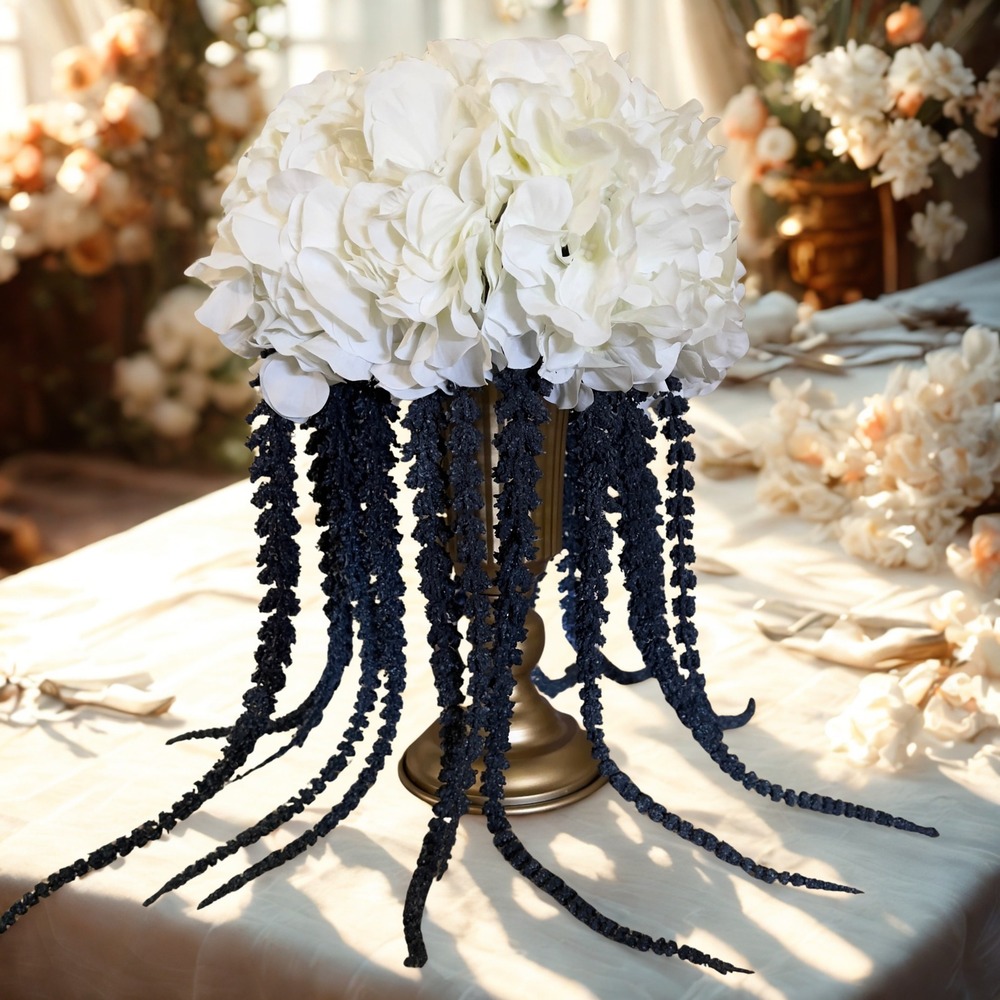 White Hydrangea and Blue Cascading Floral Centerpiece Arrangement in Gold Urn